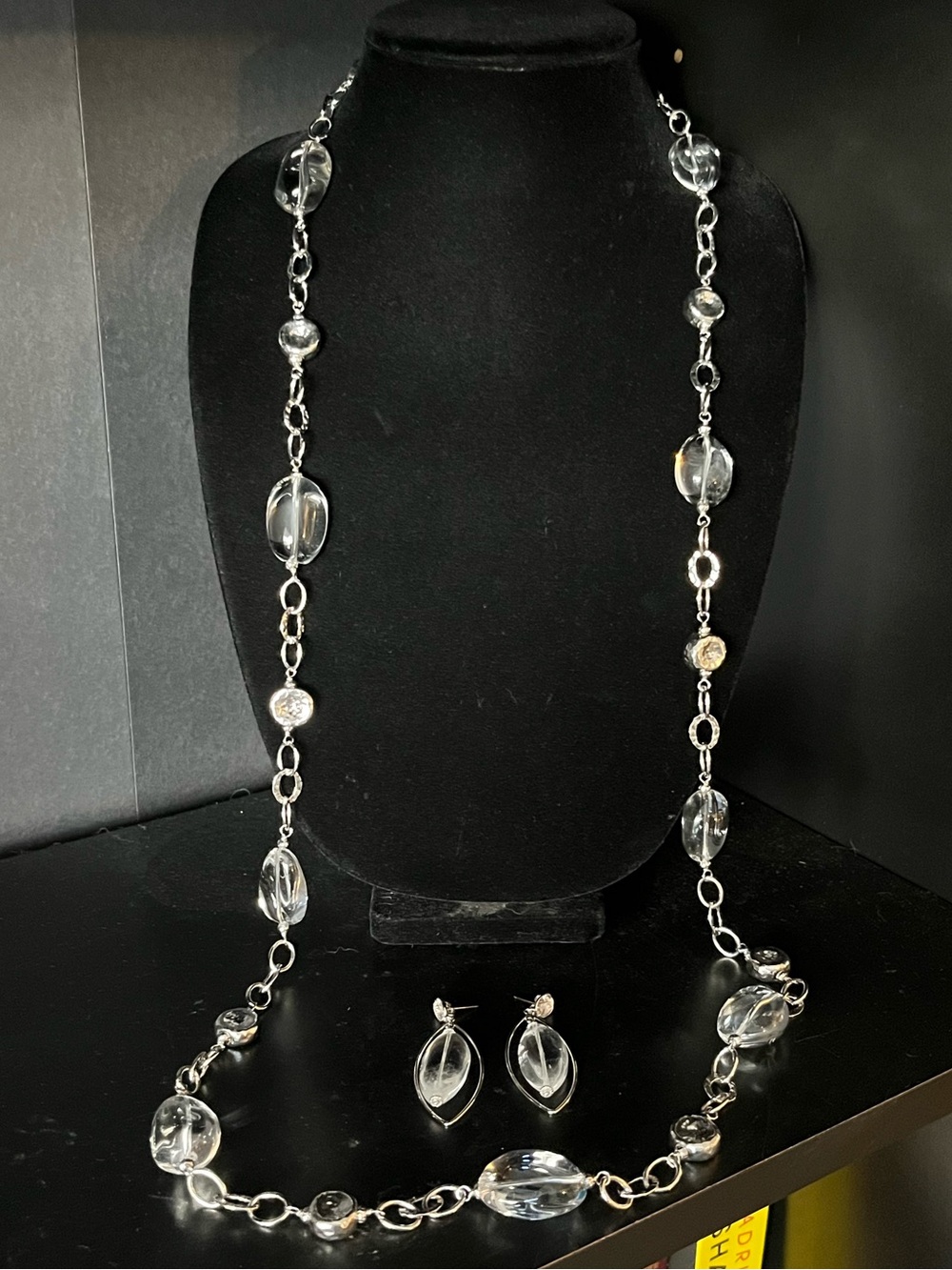925 Silver Long Chain Link with Glass & Metal Bead Necklace & Drop Earrings Set
